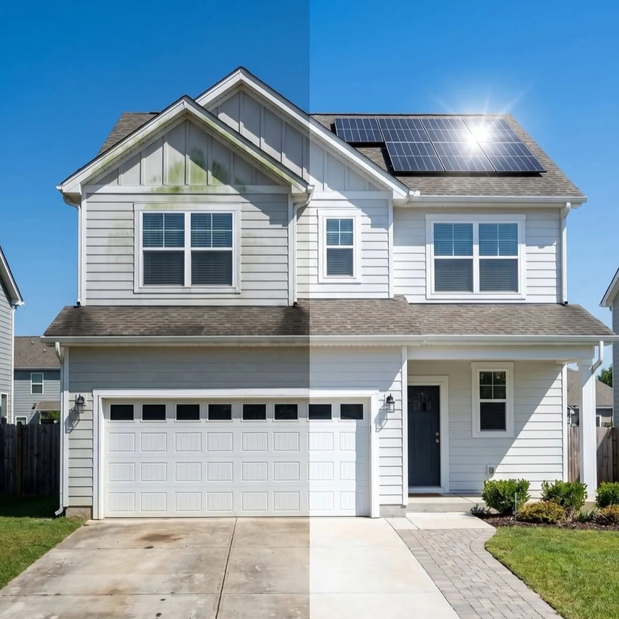 residential exterior with siding concrete cleaning contrast